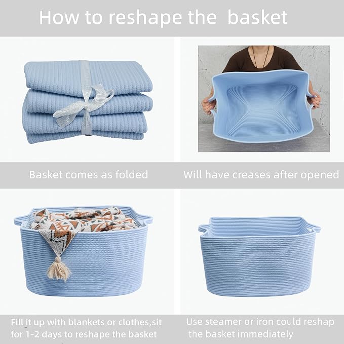 XUANGUO Large Rectangle Woven Cotton Rope Blanket Basket 22"x17"x12" Blue | Storage basket for living room; toy basket for kids, dog toy storage, laundry basket for clothes and towels, or gift basket.