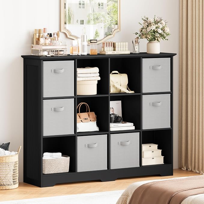 12 Cube Storage Organizer Shelf, Wood Cubby Storage with 6 Fabric Drawers | 3 Tier Wooden Bookshelf with 2 Adjustable Shelves, Fluted Side Panels Bookcase for Records, Books, Ornaments