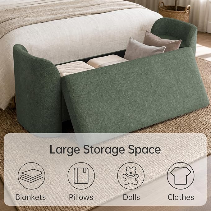 Usaint 58.3" Upholstered Storage Ottoman Bench with 2 Throw Pillows, Green | End of Bed Bench with Curved Arms and Thickened Seat Cushion for Bedroom, Livingroom, Window, Entryway and Dressing Areas