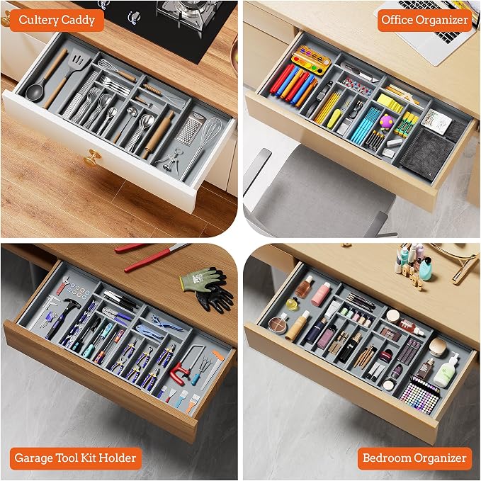 Silverware Organizer Large, Magnetic Connected Expandable 13 Slots Silverware Drawer Organizer from 21 to 37.4 Inches, Adjustable Flatware and Cutlery Holder, Bamboo Utensil Tray for Kitchen Gray