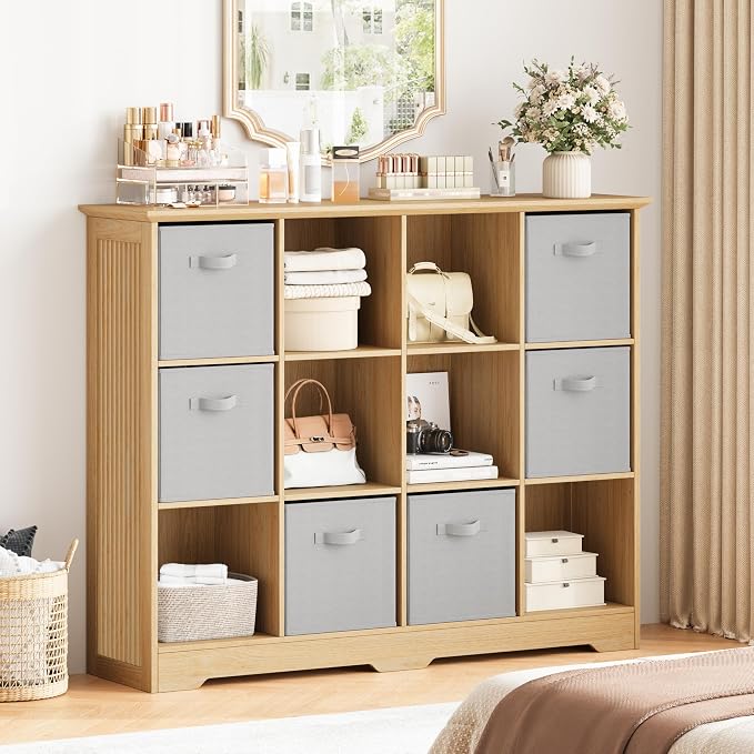 12 Cube Storage Organizer Shelf, Wood Cubby Storage with 6 Fabric Drawers | 3 Tier Wooden Bookshelf with 2 Adjustable Shelves, Fluted Side Panels Bookcase for Records, Books, Ornaments