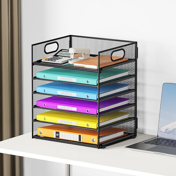 6 Tray Paper Organizer Letter Tray with Handle - Mesh Desk File Organizer, Paper Sorter Organizer for Office, Home or School File Folder Holder -Black