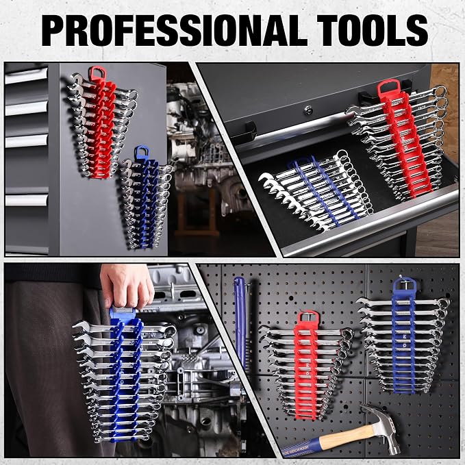 WORKPRO 2-Pack Magnetic Wrench Organizer, 12-Piece Gripper Wrench Holder | Suitable Stubby or Line Wrenches, Fits SAE (1/4" to 15/16") and Metric (6mm to 24mm), Flexible Teeth