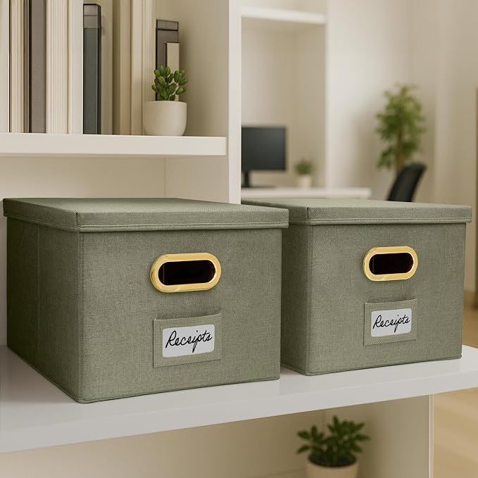 Decorative File Organizer Box Set of 2 - Collapsible Linen Filing Cabinets with Handles Are Perfect to Store All Your Documents & Hanging File Folders - Portable Easy Slide Office Crates with Lid
