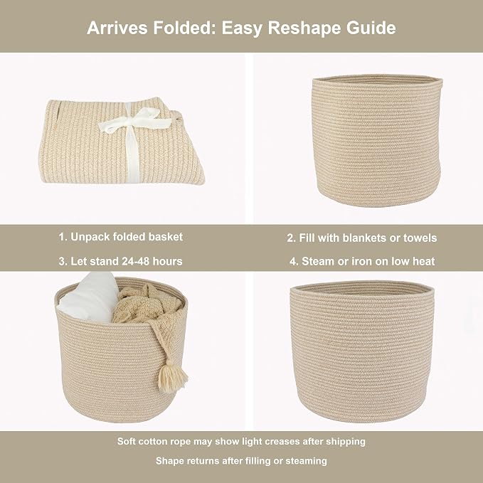 XUANGUO Cotton Rope Basket For Girls Boys Kids 16”X14” | Baby Laundry Baskets, Blanket Basket, Nursery Bin; Round Woven Basket Organizer for Toy Storage, Blankets, Shoes and Clothes
