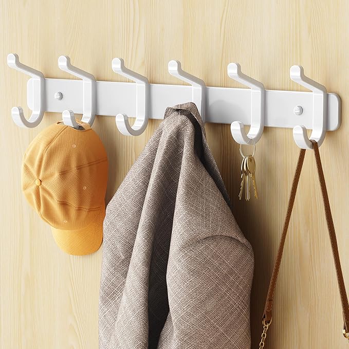 pickpiff Coat Rack Wall Mounted Heavy-Duty: Metal Coat Hanger 6 Hooks for Hanging Hat, Clothes, Robe, Keys, Backpack, Bathroom Towels, Jacket, Purse - Closet, Door, Entryway, Mudroom (White, 1 Pack)