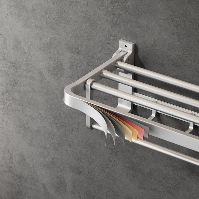VOLPONE 24 Inch Towel Rack with Towel Bar Holder Foldable Towel Shelf with Movable Hooks Rustproof Towel Storage Wall Mount for Bathroom Lavatory Silver