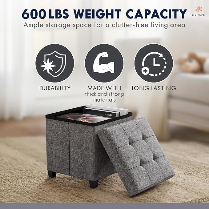 Ornavo Home Square Cube Storage Ottoman with Legs, 15x15x15, Dark Gray | Foot Rest Stool Seat; Holds Up to 600 lbs; Ideal for Living Room, Bedroom, Home Office or Dorm