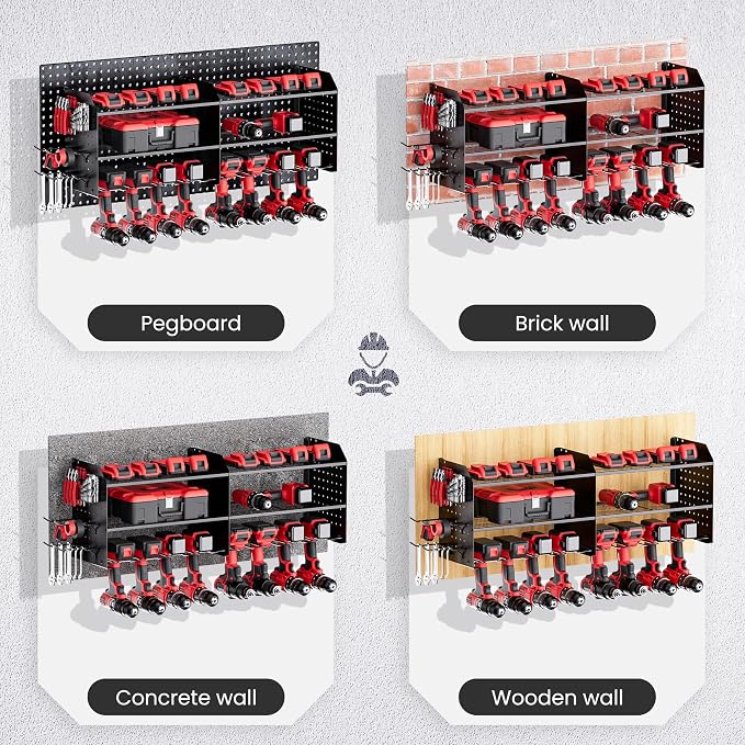 TRZZ 2-in-1 Power Tool Organizer Wall Mount, 3-Layer Tool Rack, Black | 8 Drill Holders, 4 Hooks, 1 Drill Bit Rack, 2 Side Pegboards, Efficient Tool Storage, for Garage, Workshop, Tool Room