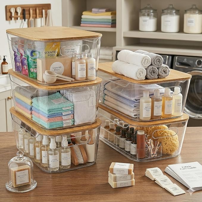 CiWiVOKi 6 Pack Clear Stackable Storage Bins with Bamboo Lids, 3.7L BPA-Free Plastic Organizer Containers with Handles, for Pantry, Kitchen, Fridge, Bathroom, Cabinet & Closet Organization