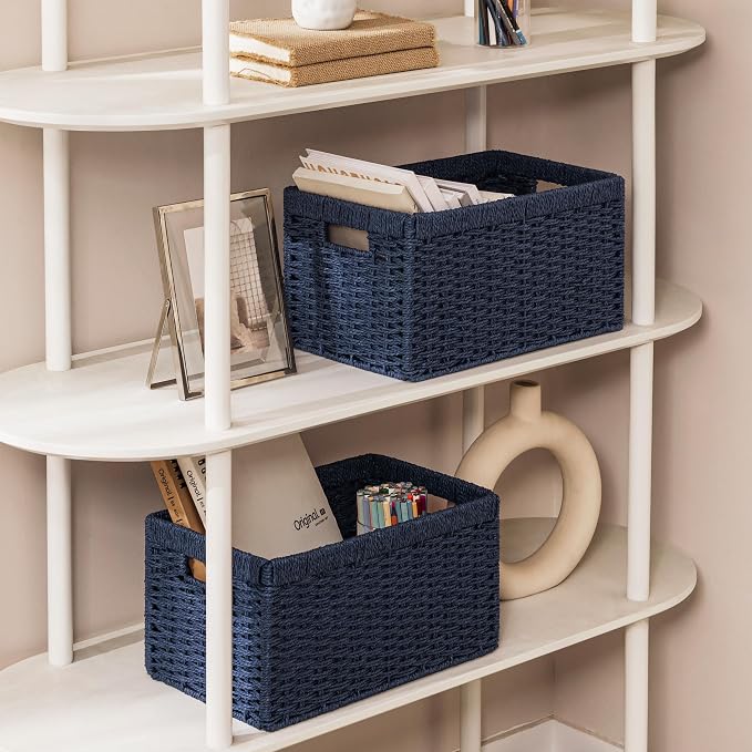 joybest Wicker Baskets for Shelves, Hand-woven Storage Baskets Green | 13.4L x 8.3W x 7.1H inch for Pantry, Kichen Organizing, Foldable Rectangular Bin with Handles, 2-pack