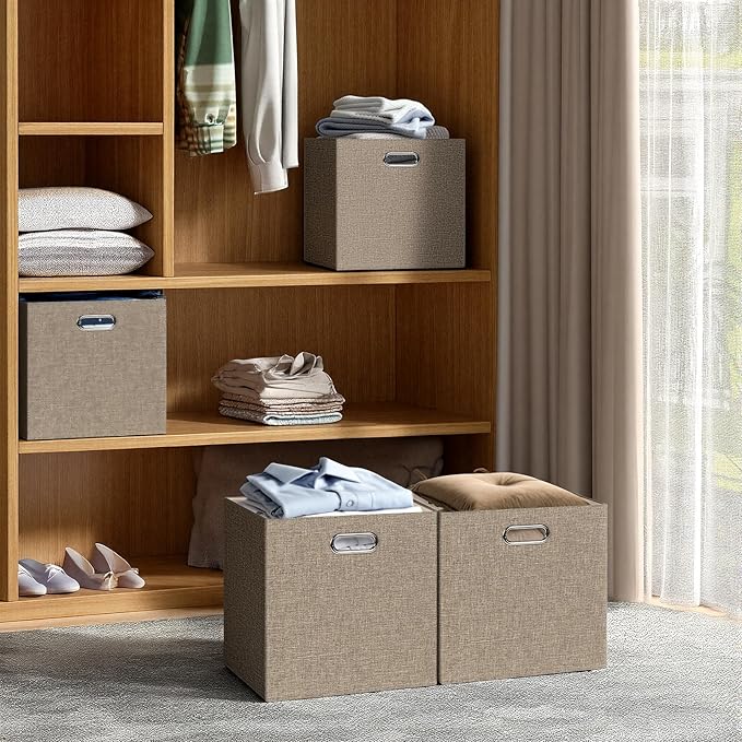 Posprica Collapsible Storage Bins,13×13 Foldable Storage Cube Boxes Fabric Drawer Fabric Storage Bins Vinyl Record Light Coffee, 4 Pack