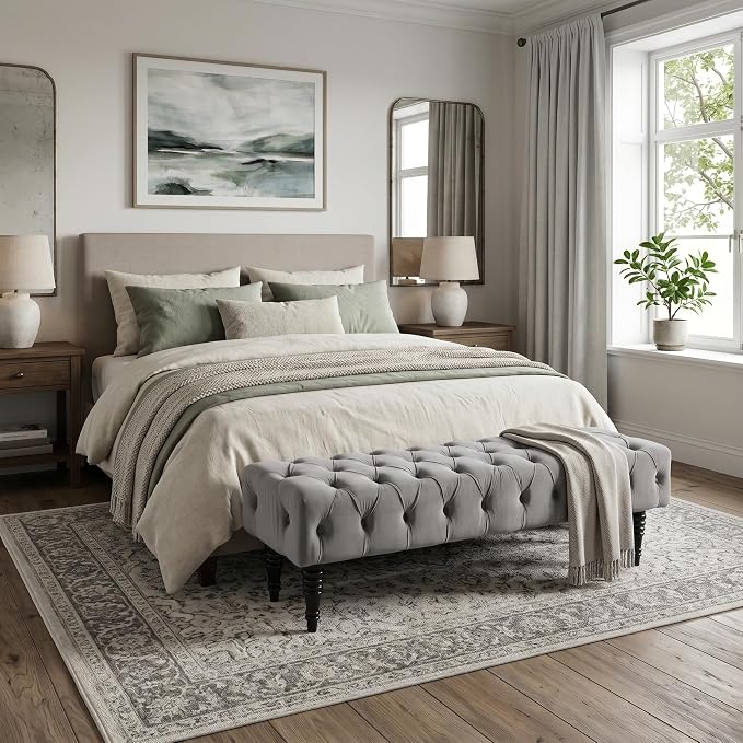 60" Accent Bench, Upholstered Tufted Ottoman Bench French Vintage Entryway Bench Corduroy Padded Benches for Entryway, Dining Room, Foyer, Living Room, Bedroom, Grey