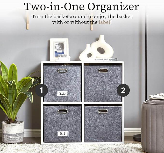 DECOMOMO Felt Storage Bins, 11 inch Cube Storage Bin with Labels | 6 Pack Storage Baskets for Shelves, Kallax (Dark Grey)