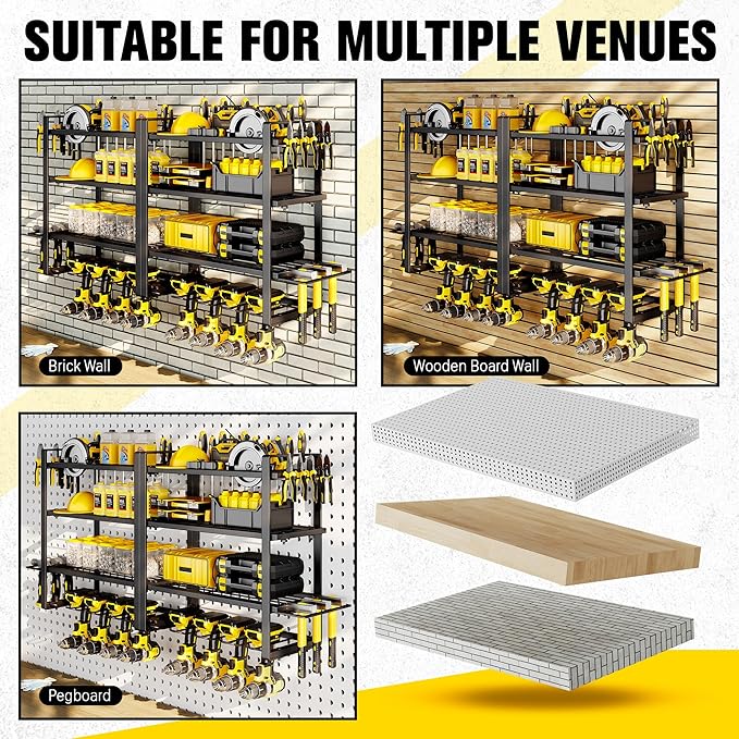 Hipidian Power Tool Organizer Wall Mount - Storage Rack with 4 Drill Holders for Drills Cordless Tools. Heavy Duty Iron Garage Tool Organizer Storage for Workshop Shed (4 Slots 4 Layers 2 Pcs)