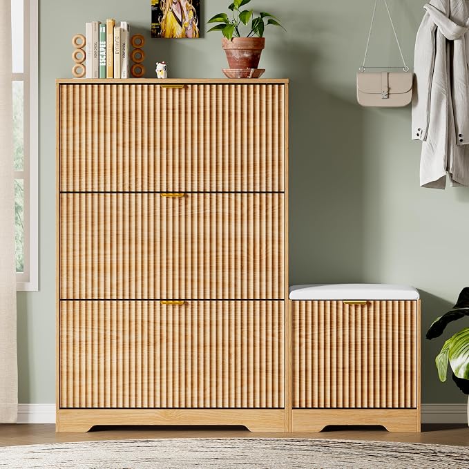 Xixini Shoe Storage Cabinet for Entryway with 3 Flip Drawers & Bench, Slim Wood Shoe Organizer with Modern Fluted Panel, Freestanding Narrow Shoe Rack for Front Door Entrance, Hallway, Foyer, Oak