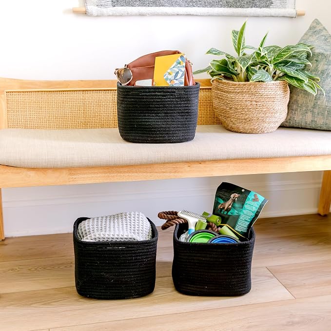 NaturalCozy Storage Cubes 9”x9”x7”Cotton Rope Woven Baskets for Organizing 3-Pack | 9 Inch Cube Storage Bin | Small Basket for Shelf Nursery, Pantry, Decorative Plant, Bathroom Closet, Toy Gift