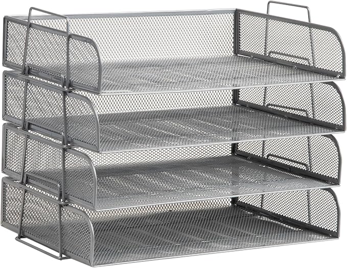 Mind Reader Stackable Paper Tray, Desktop Organizer, File Storage, Office, Metal Mesh, 4 Pcs., Silver