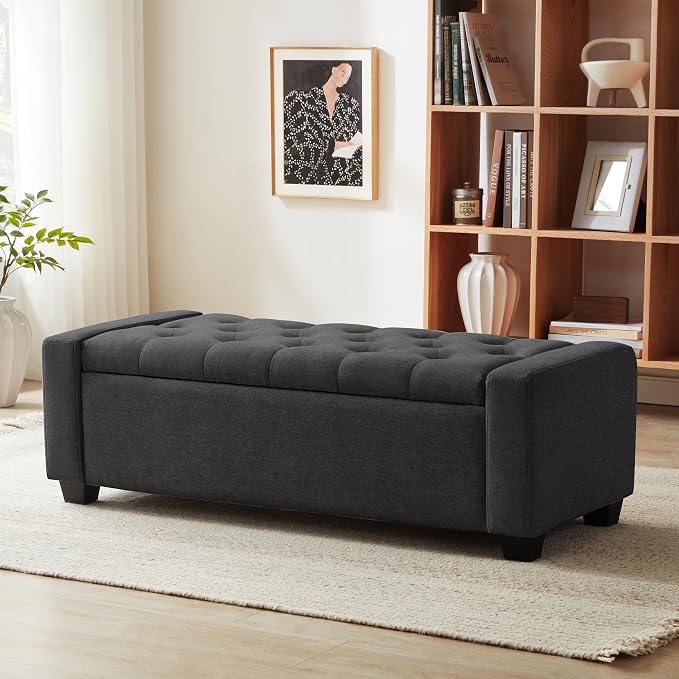 Huatean Home 48" Ottoman with Storage, Dark Gray Storage Ottoman Bench | Upholstered Entryway Bench with Seating for Bedroom, Living Room, Holds up to 330 lb with Safety Hinge