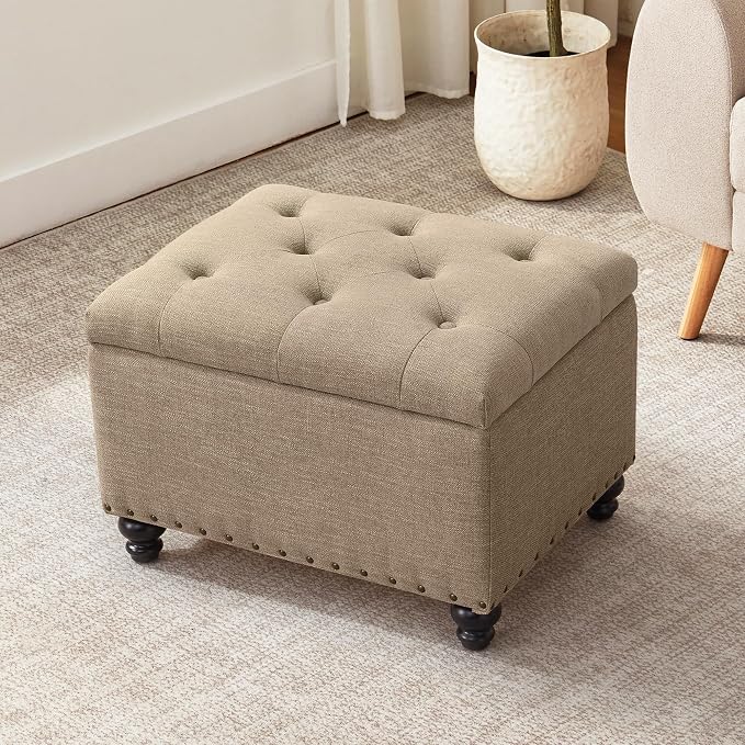 Zihanhome Small Ottoman with Storage, Upholstered Button Tufted Ottoman Foot Rest, Foot Stools, 24" Rectangle Bench with Storage for Living Room, Bedroom, Dorms and Apartments (Brown)