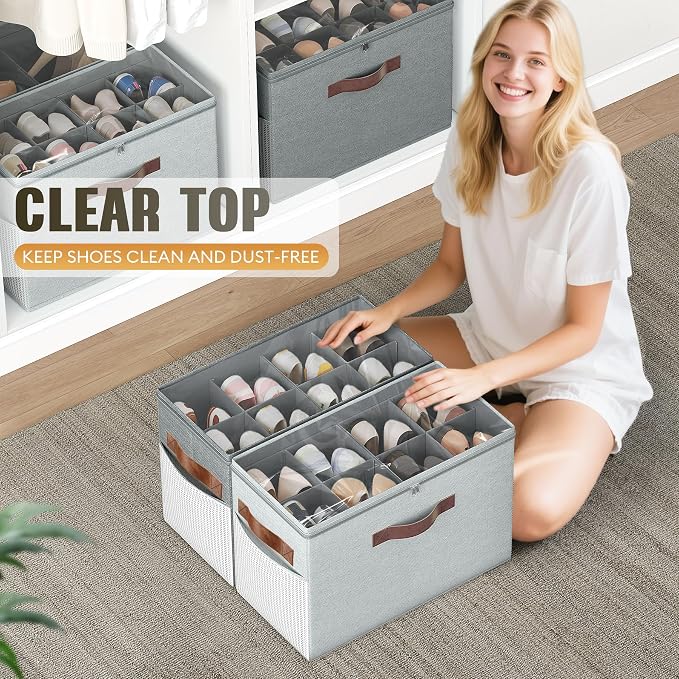 2 Pack Shoe Organizer for Closet, Foldable Shoe Storage with Adjustable | Farbic shoe storage organizer box bin with clear cover, fits up to 16 pairs, shoe storage box for closet, entryway, gray