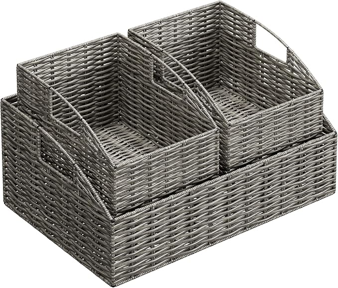 Pantry Baskets Organization, Wicker Storage Bin Shelf Grey | Handwoven Pantry Organizers and Storage with Built-in Handles, Laundryroom Organization Storage Bins for Snack Cans