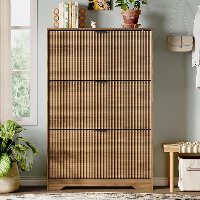 Xixini Shoe Storage Cabinet for Entryway with 3 Flip Drawers, Hidden Slim Wood Shoe Organizer with Modern Fluted Panel, Freestanding Narrow Shoe Rack for Front Door Entrance, Hallway, Foyer, Walnut