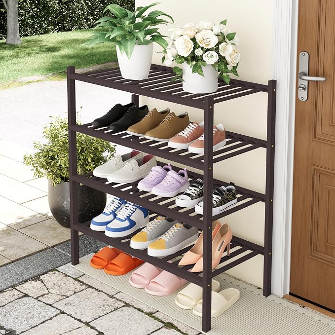 Smiry Bamboo Shoe Rack, 14 Vertical Slats, 4 Tier - 26.8" Wide, Brown | Stackable Free Standing Wooden Shoe Organizer, Wood Shoe Storage Shelf for Closet, Entryway, Thicher Leg