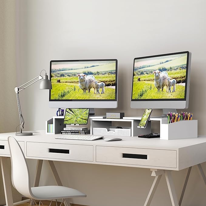 Simple Houseware Desk Dual Monitor Stand Riser with Drawer, White | Customizable Organizer Tray, Built-In Phone & Tablet Slot and Side Storage