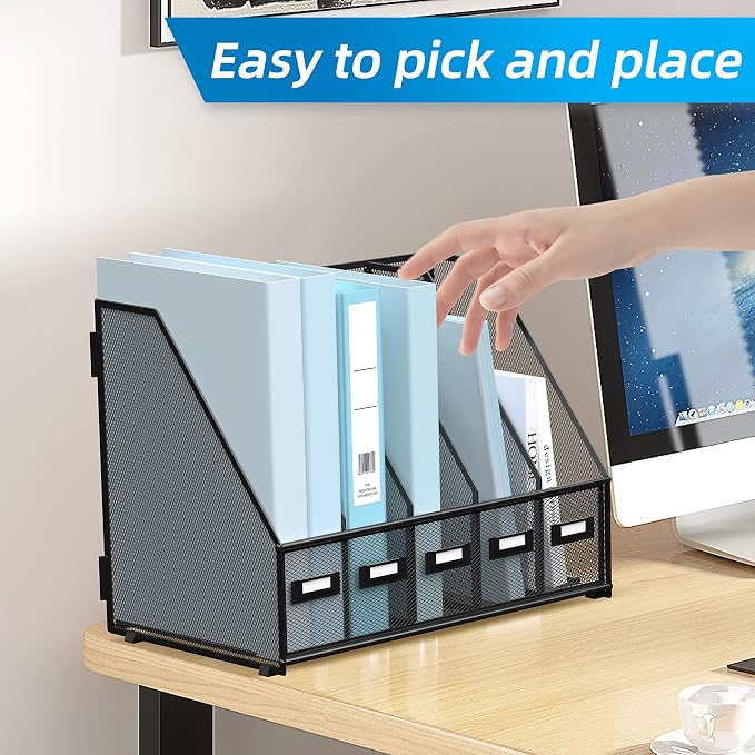 SUPEASY Desk Organizers Metal Desk Magazine File Holder with 5 Vertical Compartments Rack File Organizer for Office Desktop, Classroom, Home Workspace, Black