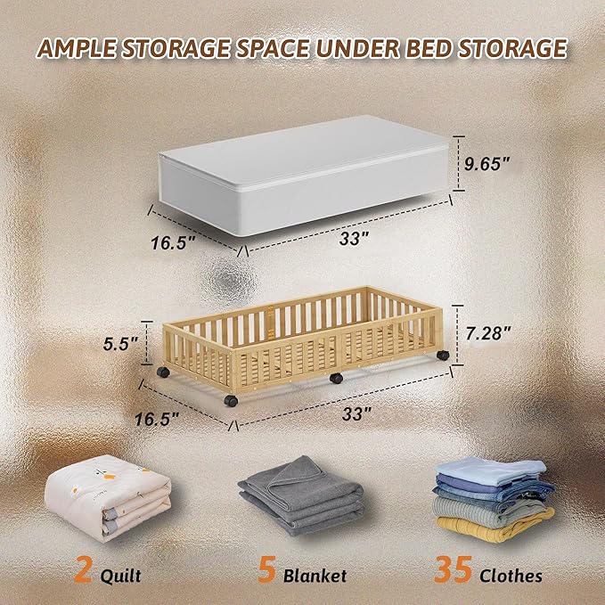 2 Pack Large Bamboo Under Bed Storage Containers with Wheels, Nature | Underbed Drawer Storage with Bag, Wood Rolling Underbed Organizer for Shoes, Sheets Clothes Blanket Comforter, Under Crib Toy