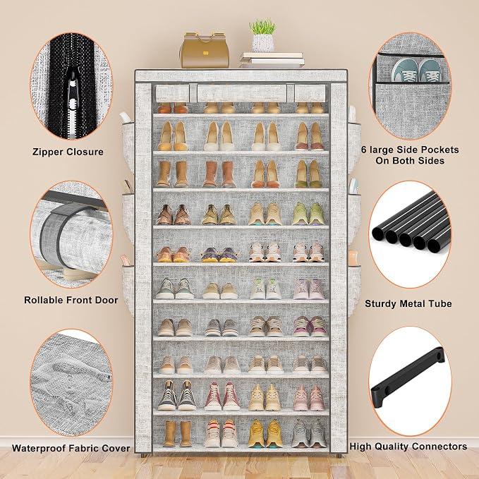 OYREL Shoe Rack 10 Tier Large Capacity Storage Cabinet | 50-56Pairs Beautiful Tall Shoe Shelf Free Standing Storage Cabinet Entryway Closet