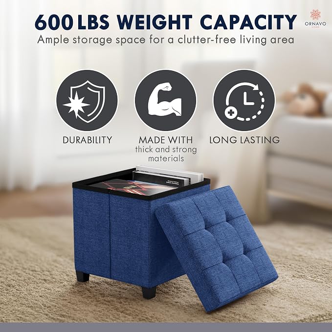 Ornavo Home Square Cube Storage Ottoman with Legs, 15x15x15, Navy Blue | Foot Rest Stool Seat; Holds Up to 600 lbs; Ideal for Living Room, Bedroom, Home Office or Dorm