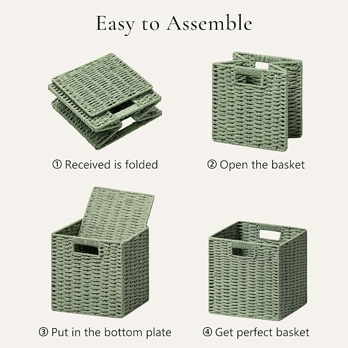 UBBCARE 3 Pack Wicker Basket, 11L×11H×10.5W inch Woven Paper Rope Storage Baskets for Shelves, Foldable Cube Storage bin with Handle, Storage Basket for Organizing & Decor, Green