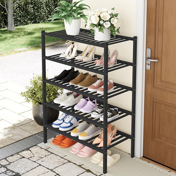 Smiry Bamboo Shoe Rack, 14 Vertical Slats, 5 Tier - 26.8" Wide, Black | Stackable Free Standing Wooden Shoe Organizer, Wood Shoe Storage Shelf for Closet, Entryway, Thicher Leg