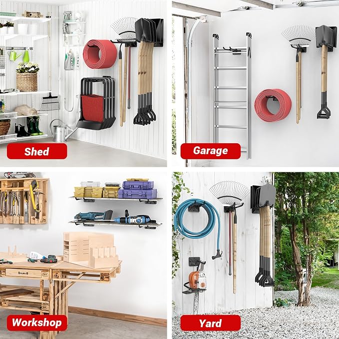 Ultrawall Garage Storage Hooks, Heavy Duty Steel Tool Organizer, 12.4 Inch Wall Mount Hangers Racks for Car Tires, Ladders, Chairs, Ropes and Garden Tools, 4 Pack