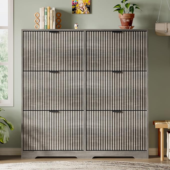 Xixini Shoe Storage Cabinet for Entryway with 6 Flip Drawers, Hidden Slim Wood Shoe Organizer with Modern Fluted Panel, Freestanding Narrow Shoe Rack for Front Door Entrance, Hallway, Foyer, Grey