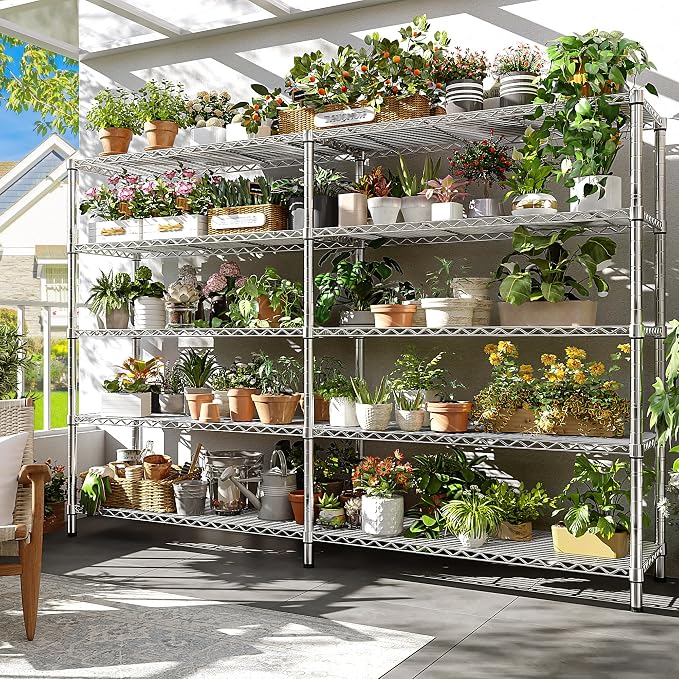 REIBII Chrome Metal Shelving, 70" W & 1500LBS Heavy Duty for Kitchen | L/H Shaped Shelves, Adjustable Metal Shelves, 5 Tier Freestanding, Anti-Tipping Device, Moisture Resistant, Leveling feet
