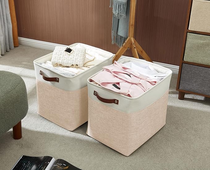 DECOMOMO Extra Large Storage Baskets, 54.5L Fabric Storage Bins 3 Pack | XXXL Storage Baskets for Shelves, Linen Closet Organizers (Beige & White, 17" x 13" x 15")