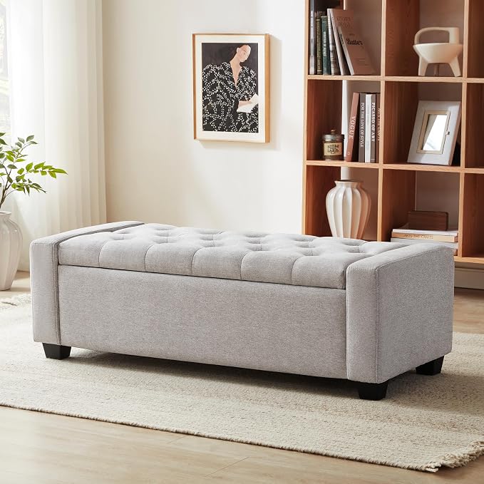 Huatean Home 48" Ottoman with Storage, Light Gray Storage Ottoman Bench | Upholstered Entryway Bench with Seating for Bedroom, Living Room, with Safety Hinge, Holds up to 330 lb