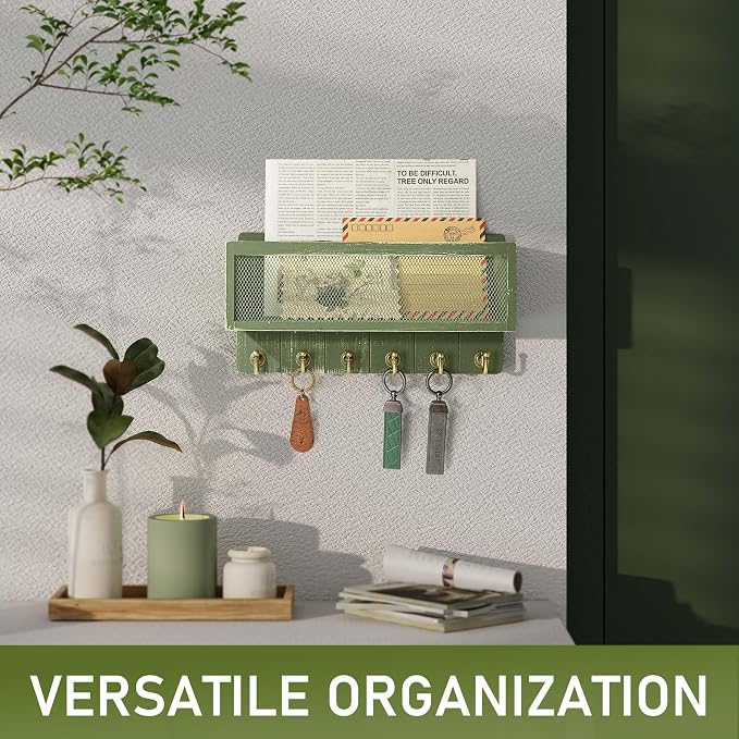 Rebee Vision Key Holder Wall Mount with Mail Basket for Room Decor, Green | Pine Wood, Key Holder for Wall, 6 Sturdy Hooks, Wooden Letter Storage, Apartment Essential, Space-Saving Home Organization