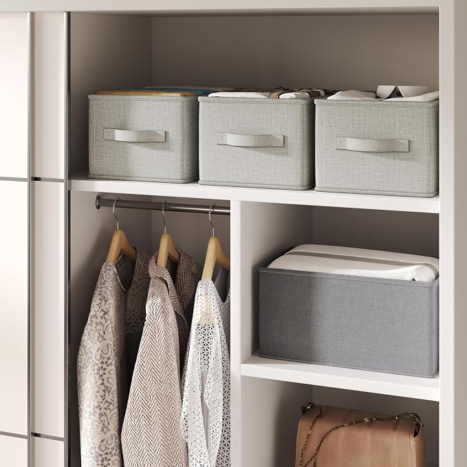 LayerSpace 3 Pack Fabric Storage Bins for Shelves | 11.5x8.75x6.5in Closet Storage Baskets | Collapsible Storage Bins | Fabric Closet Organizers with Handles | Light Gray | Thickened Rigid PP Panels, Cotton-linen Shelf Baskets, Measure 11.5"L x 8.75"W ...