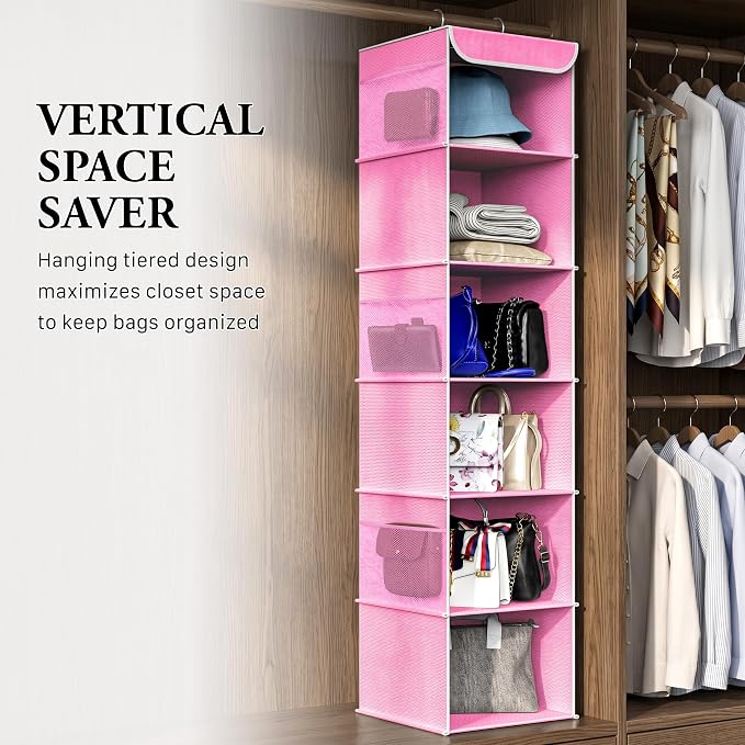 Simple Houseware 6 Shelf Hanging Closet Organizer, Pink | 360° Rotating Dual Hooks, Top Support Metal Frame, 6 Side Mesh Pockets