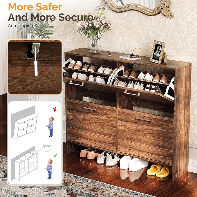 VINGLI Walnut Shoe Cabinet for Entryway, Slim Rustic Shoe Storage Cabinet with 4 Flip Drawers, Mid-Century Modern Wood Shoe Rack Organizer, Narrow Farmhouse Cupboard, Dark Brown, 42 Inch