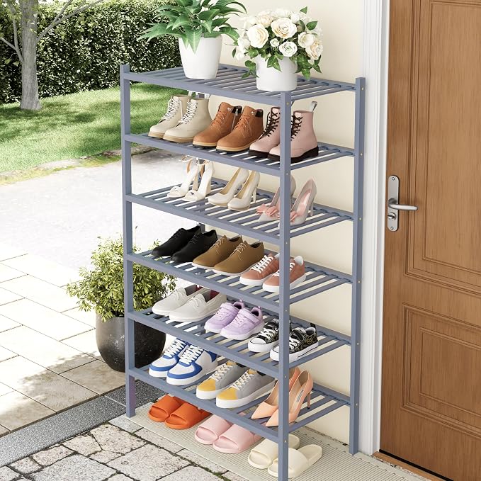 Smiry Bamboo Shoe Rack, 14 Vertical Slats, 6 Tier - 26.8" Wide, Grey | Stackable Free Standing Wooden Shoe Organizer, Wood Shoe Storage Shelf for Closet, Entryway, Thicher Leg
