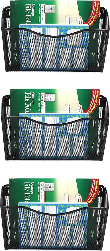 EASEPRES 3 Single Pocket Mesh Hanging File Organizer, Vertical Wall Mounted Magazine File Holder, Mount Basket Mail Paper Document Folder Organizing for Office, Home and School, Black