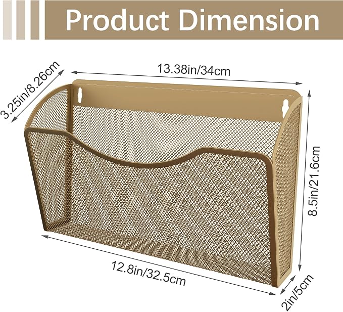 EasyPAG Wall File Organizer 3 Pack, Hanging File Organizer Wall Mount, Metal Mesh Folder Holder for Letter/A4 Papers, Mail Sorter for Office, Classroom, Home, Gold