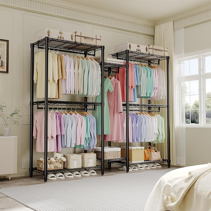 Clothes Rack for Hanging Clothes, Freestanding Garment Rack Adjustable Heavy Duty 1874LBS Capacity with 5 Hanging Rods and 8 Wire Shelves, Portable Closet Wardrobe Organizer, 76.5"H x 73.6"L x 17.4"W