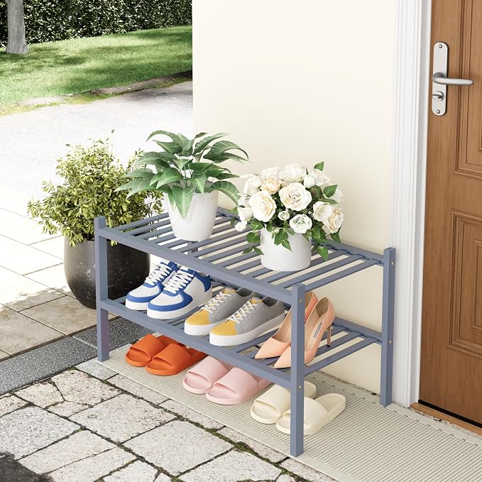 Smiry Bamboo Shoe Rack, 14 Vertical Slats, 2 Tier - 26.8" Wide, Grey | Stackable Free Standing Wooden Shoe Organizer, Wood Shoe Storage Shelf for Closet, Entryway, Thicher Leg