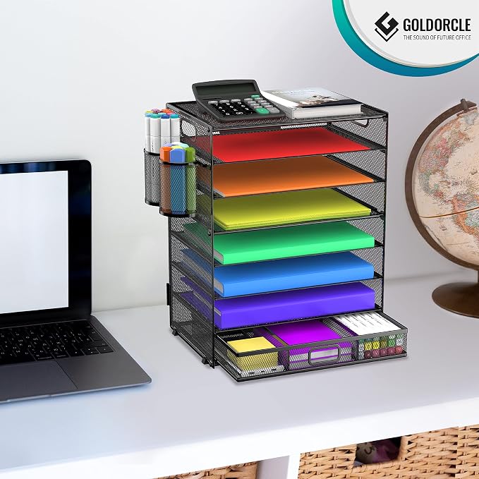 8 Tier Paper Letter Tray Organizer (Black-with Drawer,Pen Holders) | Mesh Desk File Holder Storage Organization for Home School Classroom & Office
